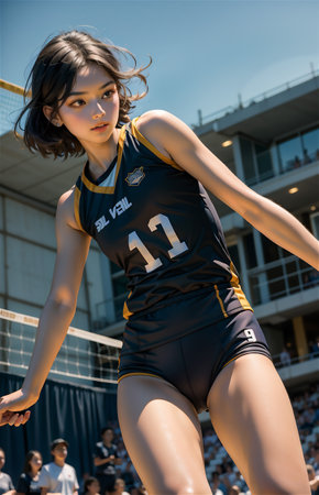 Female professional volleyball player with ball and volleyball court background. The athlete, exercise, sport, healthy lifestyle, training, fitness concept. The girl in motionの素材