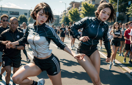 running and woman for fitness, exercise and speed training, outdoor challenge and focus on road. Fast professional runner, athleteの素材