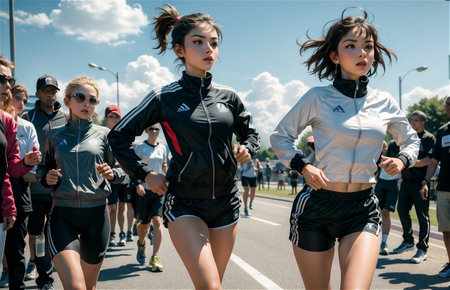 running and woman for fitness, exercise and speed training, outdoor challenge and focus on road. Fast professional runner, athleteの素材