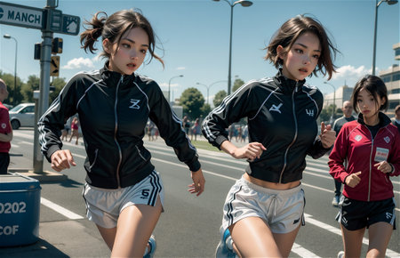 running and woman for fitness, exercise and speed training, outdoor challenge and focus on road. Fast professional runner, athleteの素材