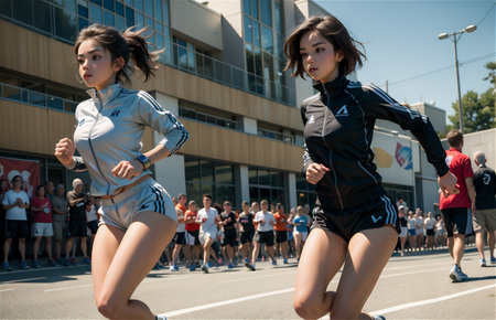 running and woman for fitness, exercise and speed training, outdoor challenge and focus on road. Fast professional runner, athleteの素材