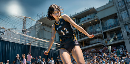 Female professional volleyball player with ball and volleyball court background. The athlete, exercise, sport, healthy lifestyle, training, fitness concept. The girl in motionの素材
