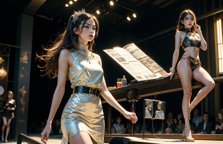 Fashion show. Sexy girl in a beautiful dress. Beautiful asian woman model. Beauty, fashion.の素材