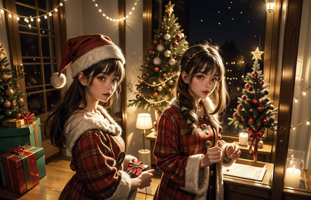 Beautiful girl in an elegant Christmas dress standing near the Christmas tree. Christmas miracles. Luxurious Christmas decoration.の素材