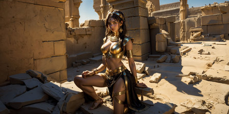 Beautiful girl in costume of ancient Egyptian goddess. Portrait of a beautiful young woman in the ancient Egyptian temple.の素材
