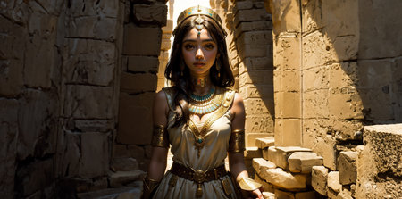 Beautiful girl in costume of ancient Egyptian goddess. Portrait of a beautiful young woman in the ancient Egyptian temple.の素材