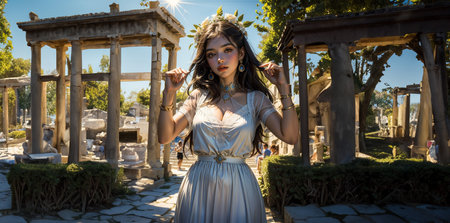 Greek goddess at ancient city ruins. Beautiful young woman Aphrodite style with golden necklace jewelry. Athena walking Greece. Mythical Hellenic.の素材
