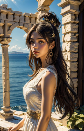 Greek goddess at ancient city ruins. Beautiful young woman Aphrodite style with golden necklace jewelry. Athena walking Greece. Mythical Hellenic.の素材