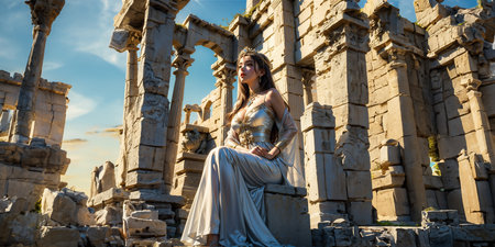Greek goddess at ancient city ruins. Beautiful young woman Aphrodite style with golden necklace jewelry. Athena walking Greece. Mythical Hellenic.の素材
