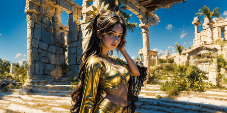 Greek goddess at ancient city ruins. Beautiful young woman Aphrodite style with golden necklace jewelry. Athena walking Greece. Mythical Hellenic.の素材