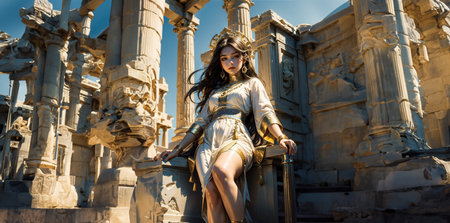 Greek goddess at ancient city ruins. Beautiful young woman Aphrodite style with golden necklace jewelry. Athena walking Greece. Mythical Hellenic.の素材