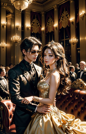 beautiful young couple in evening dresses posing in the interior of a luxury houseの素材