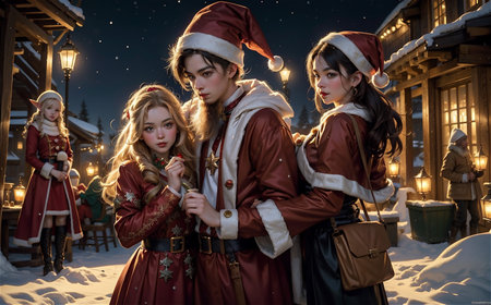 Beautiful girl in Santa Claus clothes on the background of the Christmas villageの素材