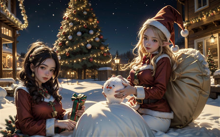 Beautiful girl in Santa Claus clothes on the background of the Christmas villageの素材