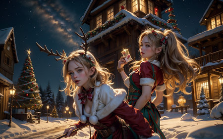 Beautiful girl in Santa Claus clothes on the background of the Christmas villageの素材