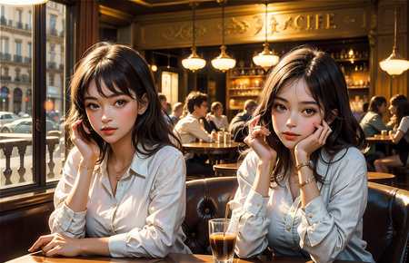 Two beautiful asian girls sitting in a cafe and looking at the cameraの素材
