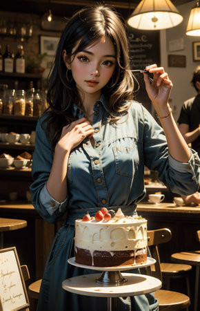 beautiful asian woman in denim clothes posing in cafe with cakeの素材