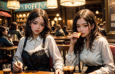 Portrait of two beautiful asian women sitting in a coffee shopの素材