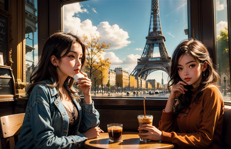 Two beautiful young asian women sitting in a cafe near the Eiffel towerの素材