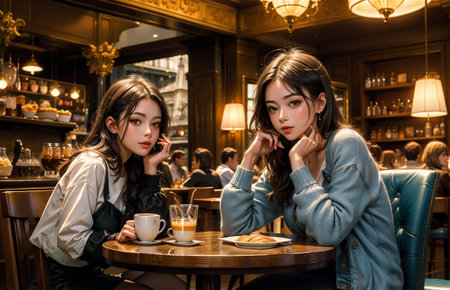 Two beautiful young women sitting in a cafe, drinking coffee and talkingの素材