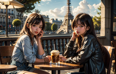 Two beautiful young asian women sitting in a cafe near the Eiffel towerの素材