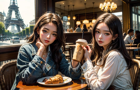 Two beautiful young asian women with coffee in Paris, France.の素材