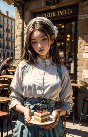 young asian woman in medieval clothes with cake in cafe in Italyの素材