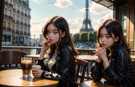 Two beautiful young asian women in Paris, drinking coffee and eating ice creamの素材