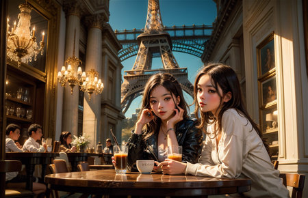 Two beautiful young asian women sitting in a cafe near the Eiffel towerの素材
