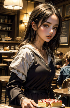 Beautiful young woman with cake in a cafe. Beauty, fashion.の素材