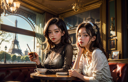 two beautiful young asian women sitting in a cafe near the Eiffel towerの素材