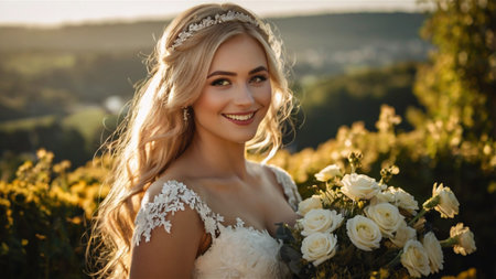 Beautiful Bride at Sunset Holding White Roses in a Scenic Countrysideの素材