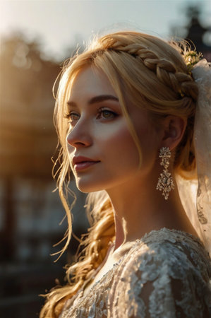 Beautiful Bride at Sunset Holding White Roses in a Scenic Countrysideの素材