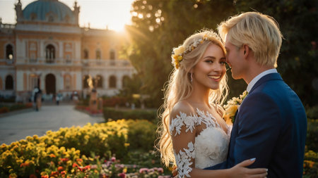 Beautiful Bride at Sunset Holding White Roses in a Scenic Countrysideの素材
