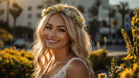 Beautiful Bride at Sunset Holding White Roses in a Scenic Countrysideの素材