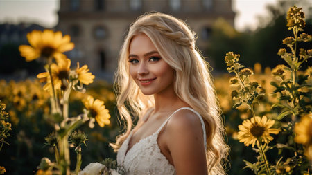 Beautiful Bride at Sunset Holding White Roses in a Scenic Countrysideの素材