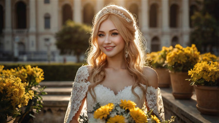 Beautiful Bride at Sunset Holding White Roses in a Scenic Countrysideの素材