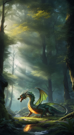 Fantasy scene with dragon in the forest. 3d illustration.の素材