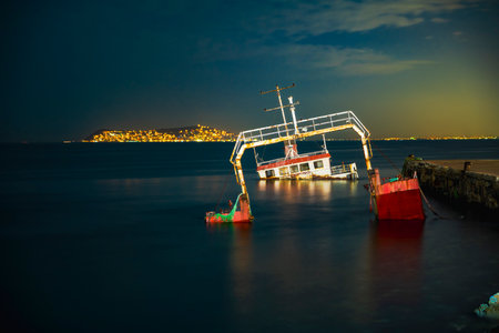 Close-up at shipwreck in long exposureの写真素材