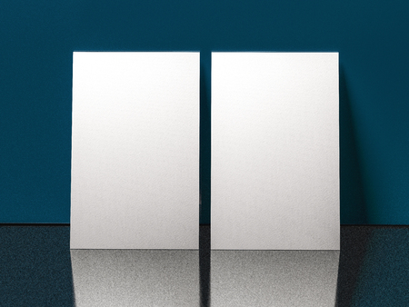 render 3d images of business cards dynamically scattered on a blue background.の写真素材