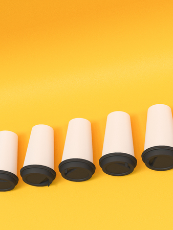 paper cups tamplate 3d with a lid standing on a plane under natural light. Yellow background. Rendering.の写真素材