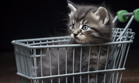 Little kitten sits in a shopping cartの素材