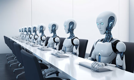 Many identical AI robots working with computersの素材