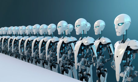 Many identical AI robots working with computersの素材