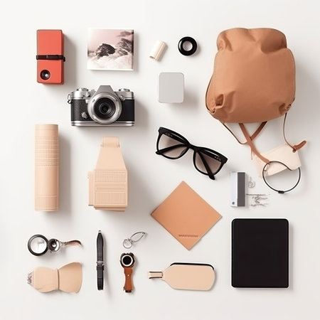 Tourist bag and accessories set. Backpack content, essentials, things, supplies and equipmentの素材