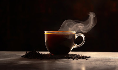 A glass cup of freshly brewed black tea on the table. Creating using generative AI toolsの素材