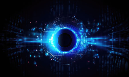 Close-up high-tech image of human eye. Technology concept. Creating using generative AI toolsの素材