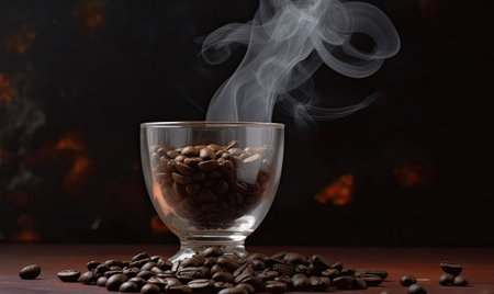 Cup of coffee with fume on the black background. Creating using generative AI toolsの素材