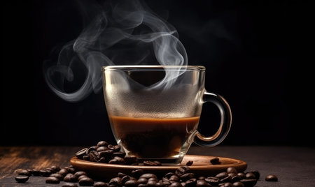Cup glass of coffee with smoke and coffee beans. Creating using generative AI toolsの素材