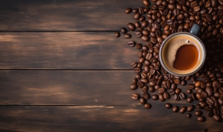 Top view mockup coffee beans and coffee in the cup. Creating using generative AI toolsの素材